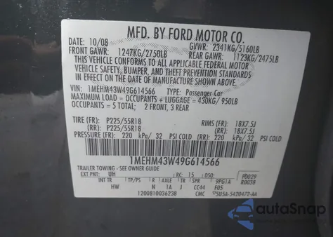 2009 Mercury Sable Premier from USA, damaged, VIN 1MEHM43W49G614566